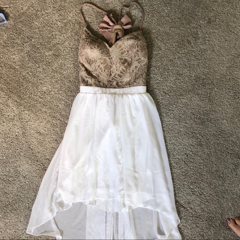 Gold and white asymmetrical dress